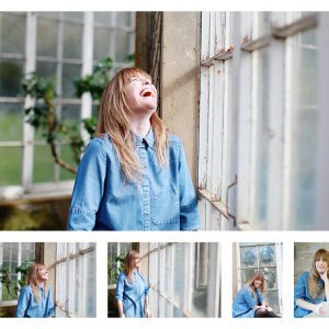 image grid of woman on blue denim long sleeve