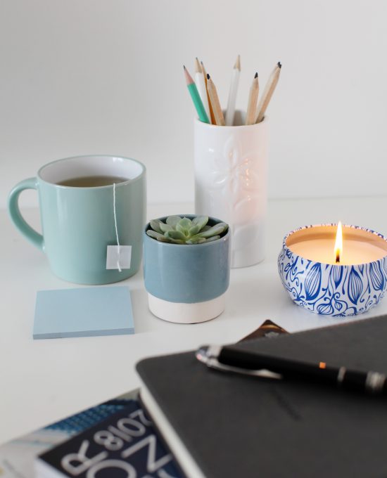 Props for your personal branding shoot - cup of tea, succulent, candle and pencils